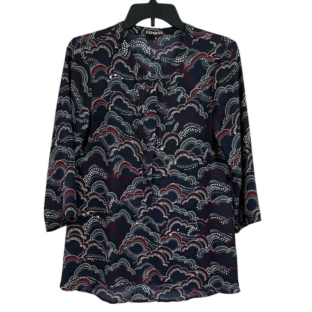 Express Womens Semi Sheer Blouse Half Zip High Low Hem Top Blue Small